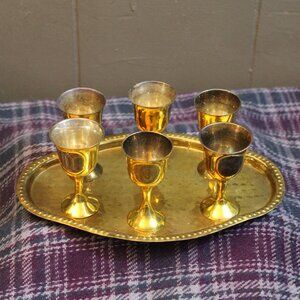 Vintage Brass Six Cordial Goblets with Tray Made in India
